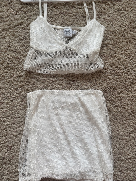 Princess Polly Dresses & Skirts - Princess Polly White Beaded Knit Crop Top & Skirt Set